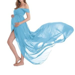 Blue Maternity Off Shoulder Chiffon Photo Gown Split Front Maxi Dress Small